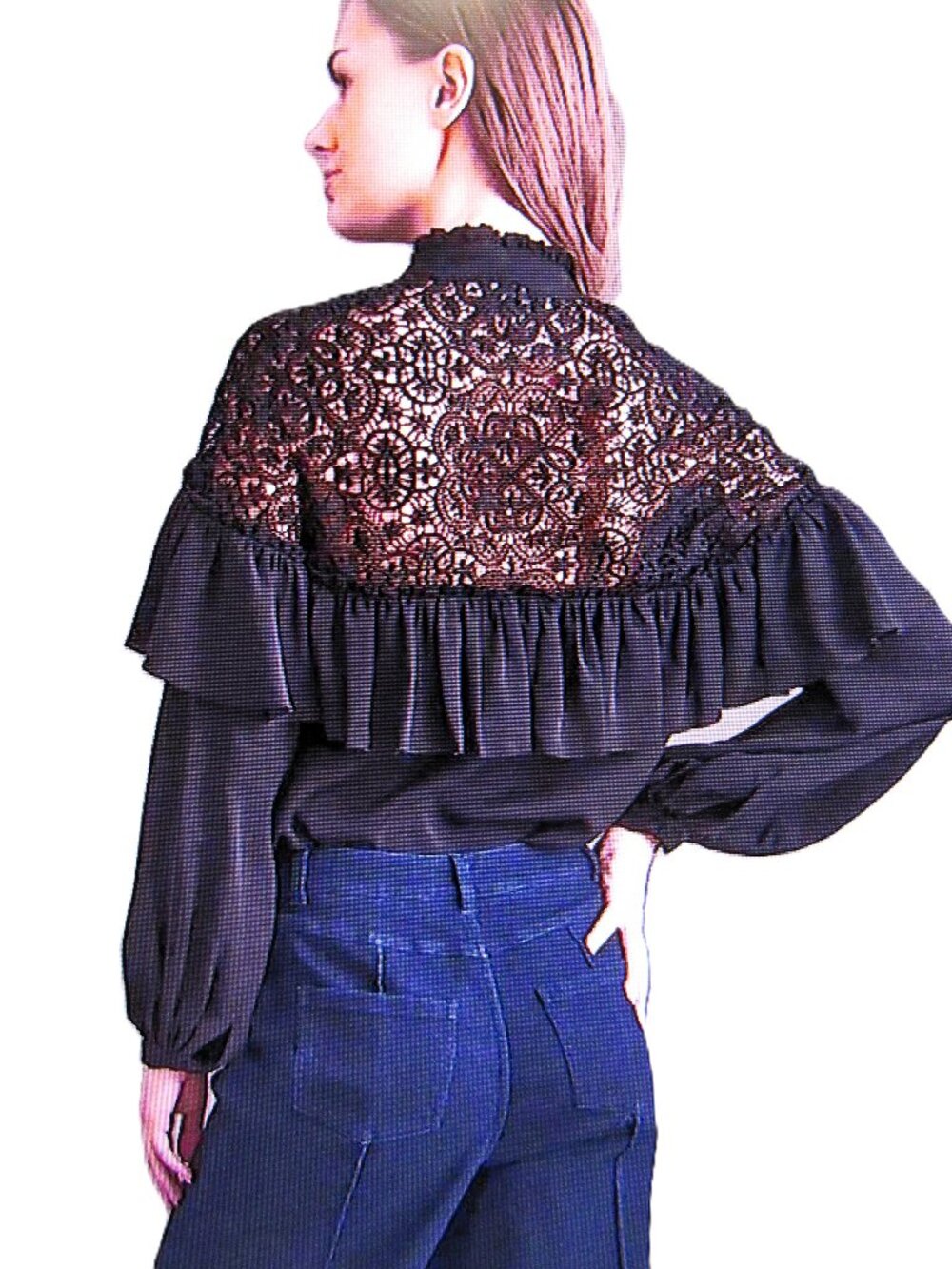 HAUTE HIPPIE NWT SEXY ELEGANT "Kamila" SILK RUFFLE LACE BLOUSE JET BLK SzL